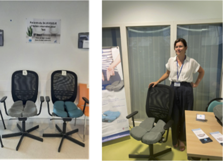 Test au CHU de Nante des coussins Aporia® Périnée et le docteur Amélie Levesque au stand de blue Portance lors du 4ème symposium international de coccygodynie