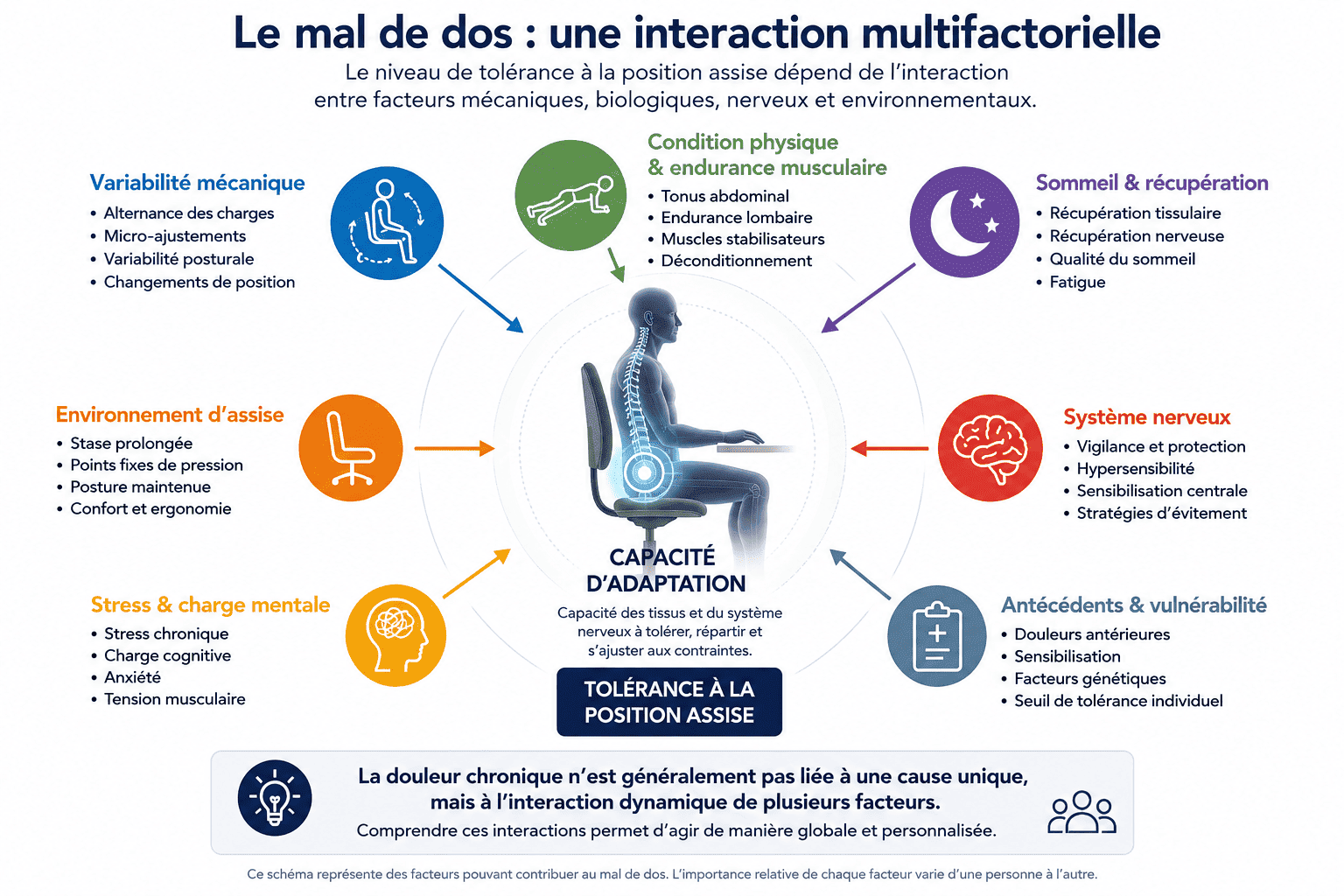 Le mal de dos comme interaction multifactorielle entre variabilité mécanique, condition musculaire, sommeil, système nerveux, environnement d’assise, stress et antécédents
